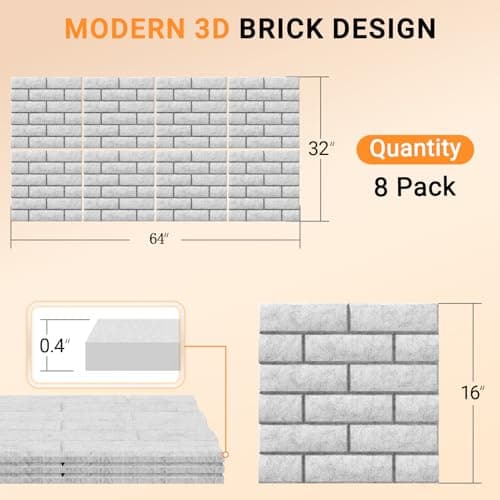 8 Pack Brick Acoustic Panels with Self Adhesive, 16" x 16" x 0.4" High Density Sound Absorbing Foam Panels for Walls, Noise Reduction for Home Studio & Office –Silver-Gray - Thumbnail 2