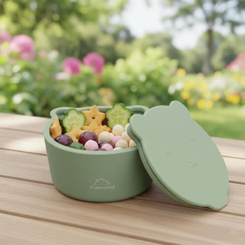 Clevakid Silicone Snack & Fruits Container – Leakproof Durable and BPA-Free | for Daycare, Preschool, School, and Family Outings – Bear design 130 ML/4.4 OZ (Green Olive) - Thumbnail 2