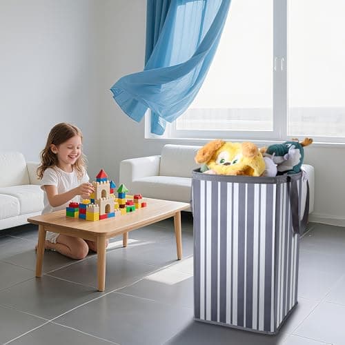 Laundry Basket，74L Laundry Hamper Large Collapsible,Durable, Waterproof & Space-Saving Storage for Clothes, Toys, blankets (Gray Striped, 2PCS) - Thumbnail 4