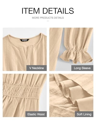 BTFBM Mini Dresses for Women 2026 Casual Lightweight Long Sleeve V Neck A Line Elastic Waist Party Holiday Dress(Apricot, X-Large) - Thumbnail 4