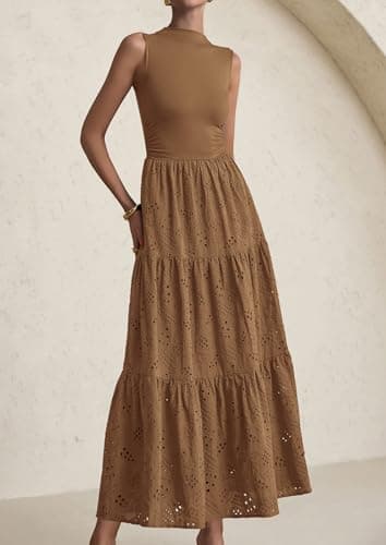 PRETTYGARDEN Summer Dresses for Women 2026 Casual Eyelet Sleeveless Wedding Guest Maxi Dress Tank Top Sundress with Pockets (Khaki,Large) - Thumbnail 4