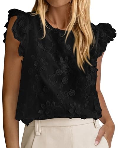 KIRUNDO Blouses for Women Dressy Casual Lace Ruffle Cap Sleeve Tops 2026 Summer Eyelet Floral Embroidered Cute Boho Shirts(Black, Large) - Image 1