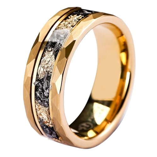 HIOLEEGI Men’s Tungsten Carbide Wedding Bands Gold 8mm Hammered with Gold Foil Inlay Scratch Proof Stainless Size 14.0 - Image 1
