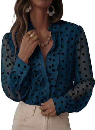 Astylish Women's Ruffle V Neck Button Down Polka Dot Blouse Tops Trendy Mock Neck Sheer Mesh Long Sleeve Shirt Tops Real Teal X-Large - Image 1