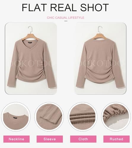 Dokotoo Going Out Tops for Women Chocolate Brown Spring Clothes Fashion Spring Outfits Solid V Neck Long Sleeve Tshirts Shirts for Women Business Casual Loose Side Ruched Slim Fitted Blouses XXL - Thumbnail 5