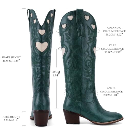 POYOIOR Green Women Western Cowboy Boots with Heart Pattern Classic Embroidered Chunky Heel Cowgirl Fashion Long Booties Round Toe Fashion Tall Boots for 2025 Fall Winter Size 11 - Thumbnail 5
