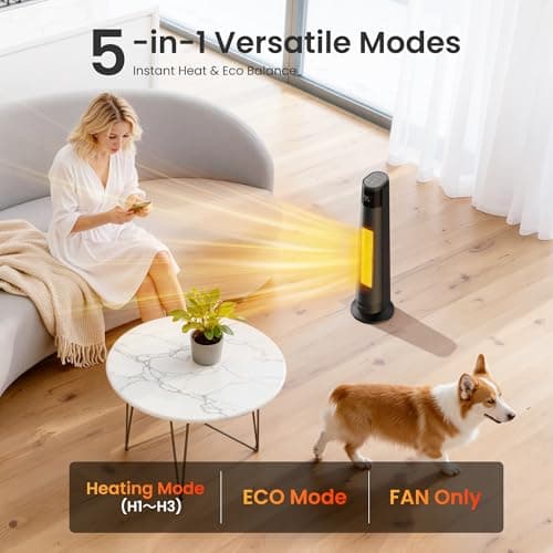 FLANUR 1500W Space Heaters for Indoor Use Large Room, WIFI Electric Heater with Voice Control, 5 Modes, ECO Thermostat, 12H Timer, Quiet & Safety PTC Ceramic Heater for Bedroom, Black, 1 Pack - Thumbnail 2