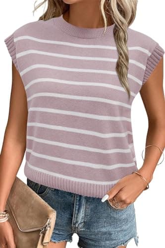 Arach&Cloz Womens Spring Summer Tops 2024 Cap Short Sleeve Striped Fashion Casual Cute Trendy Tank Sleeveless Sweater Vest Pink - Image 1