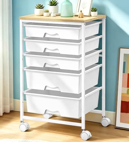 SUNALLY Rolling Carts with 5 Drawers, Storage Drawer Carts with Wooden Tabletop and 2 Lockable Wheels, Rolling Utility Cart for Craft Art Supply Storage & Home Office Organization, White - Image 1