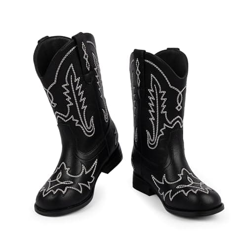 Modatope Toddler Cowboy Boots Black Cowgirl Boots for Boys Pull On Round Toe Cowboy Cowgirl Dress Boot Mid Calf Western Toddler Big Kid Unisex Child Horse Riding Daily Wear Big Kid 4 - Thumbnail 4