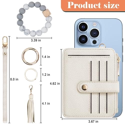 Airkit Wristlet Wallets for Women, Keychain RFID Blocking Credit Card Holder, Small Girly Wallet with Bracelet, Silicone Beaded Tassel Key Ring Card Holder, Creamy Grey - Thumbnail 3