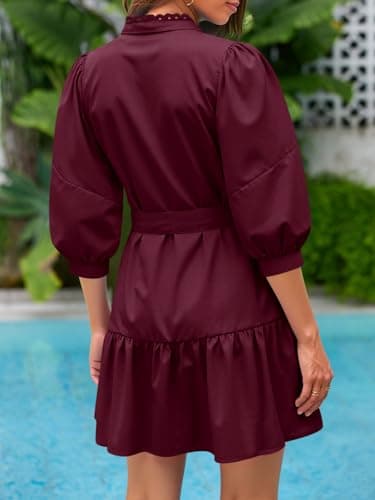 Cicy Bell Womens Puff 3/4 Sleeve Mini Dresses Bow Tie Waist V Neck Casual Trendy Ruffle Tiered Short Dress - Thumbnail 6