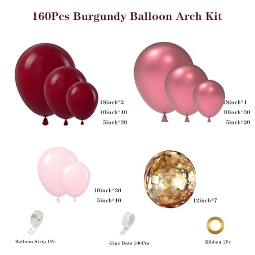 Burgundy Pink Balloon Garland Arch Kit 160pcs Burgundy Metallic Red Pink Latex Balloons with Gold Confetti Balloons for Valentines Mother's Day Wedding Bridal Shower Birthday Party Decor - Thumbnail 2