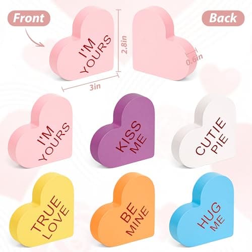 6 Pack Wooden Conversation Hearts Decor - Valentine Mantel Decor,Heart Signs for Home Shelf, Tiered Tray, Fireplace & Office Decorations - Thumbnail 3