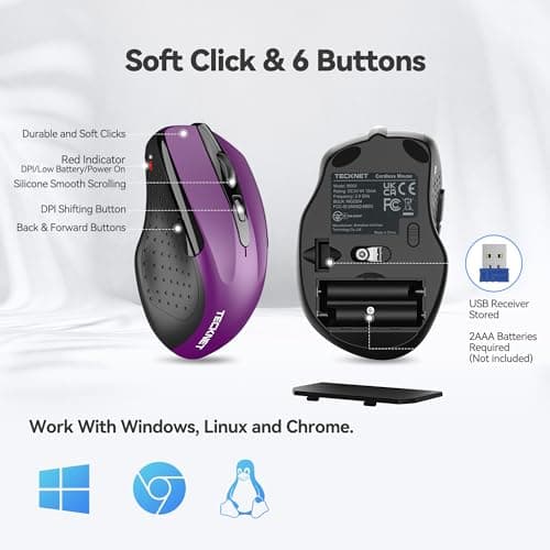 TECKNET Wireless Mouse, 2.4G Ergonomic Optical Mouse, Computer Mouse for Laptop, PC, Computer, Chromebook, Notebook, 6 Buttons, 24 Months Battery Life, 2600 DPI, 5 Adjustment Levels - Purple - Thumbnail 5