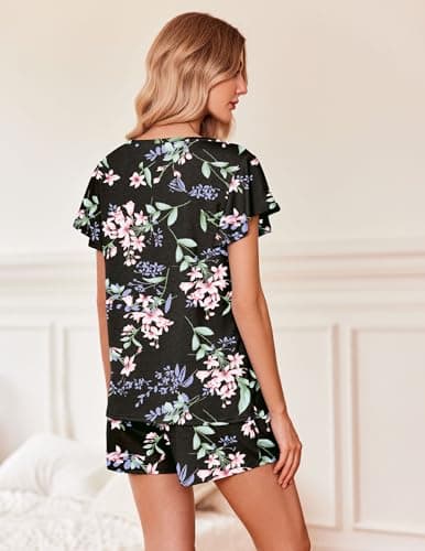 Ekouaer Ladies Sleeping Sets Flowers Printed Soft Pajamas Cute Ruffle Sleeve Comfy Sleepwear with Pockets Black Florals Small - Thumbnail 5