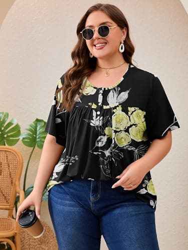 AusLook Plus Size Floral Tunic Tops for Women Pleated Babydoll Blouse Short Sleeve Round Neck Loose Fit Casual Flowy Black Golden Floral 2X Tunic Shirts Summer Tops to Wear with Leggings - Thumbnail 3