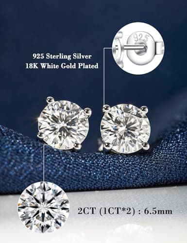 IMOLOVE Moissanite Stud Earrings with 0.6ct-3ct D Color Round Cut Lab Created Diamond Earrings in Sterling Silver with 18K White Gold Plated for Women Men-2 - Thumbnail 2