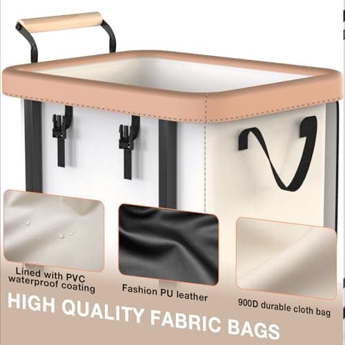 40 Gal (150L) Laundry Hamper with Lid, Leather Patchwork Laundry Basket with Rolling Lockable Wheels and Handle, Laundry Basket Organizer for Laundry Room, Bedroom and Bathroom,Laundry Room - White - Thumbnail 3