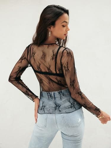 MEROKEETY Womens Long Sleeve Lace Sheer Mesh Top 2025 Crewneck Sexy Y2k See Through Going Out Blouse Shirts, Black, XX-Large - Thumbnail 3