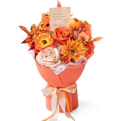 TINGE TIME Preserved Flowers Bouquet, Sunflower and Rose Bouquets, Orange Artificial Flowers Bouquet for Table Centerpiece Mothers Day Gifts Birthday Gifts Wedding Anniversary Housewarming - Image 1