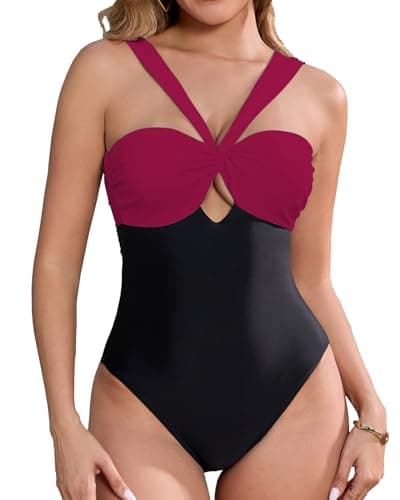 HAIVIDO Women's One Piece Swimsuits Cutout Padded Bathing Suit Color Block V Neck Twist Front Modest Wide Straps Swimming Suit Burgundy Black XL - Image 1