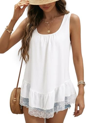 Dokotoo Casual Tank Tops for Women Round Neck Camisole Tops Ruffled Hem Shirt Lace Trim Sleeveless Blouse Summer Fashion Casual Shirts Flowy Boho White Tank Top Resort Wear L - Image 1
