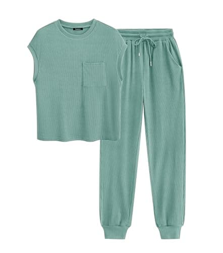 BTFBM Women's Two Piece Tracksuit Outfits Summer Short Sleeve Tops Long Pants Jogger Lounge Matching Sets Sweatsuit(Solid Fruit Green,Medium) - Image 1