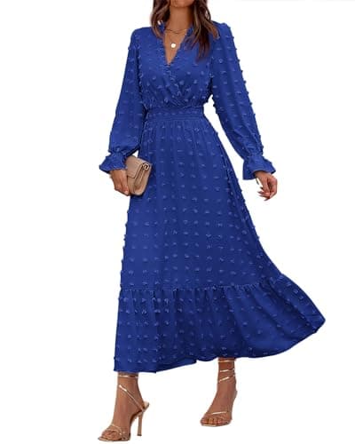 BTFBM Women Fall Maxi Dresses 2025 Long Sleeve V Neck Swiss Dots High Waisted A-Line Ruffle Boho Long Dress Vacation(Royal Blue,Medium)