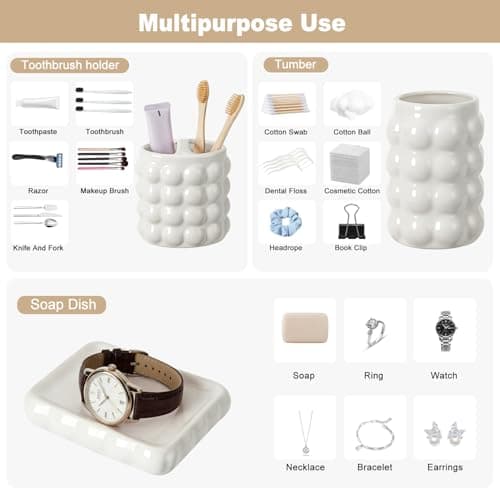 4 Piece Ceramic Bathroom Accessories Set –Soap Dispenser,Toothbrush Holder,Tumbler & Soap Dish,Includes Silicone Funnel,Non-Slip,Modern Farmhouse Countertop Organizer Set for Bathroom Decor, White - Thumbnail 5