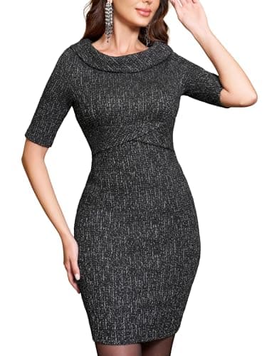 M.Infisavo Women’s Boat Neck Vintage Bodycon Tweed Dresses, Half Sleeve Pencil Sheath Dress for Wedding Guest Prom Black - Image 1