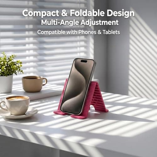 Adjustable Foldable Silicone Phone Stand 2-Pack, Rose Red, with Charging Port, Non-Slip Desk Holder for iPhone, Samsung, Tablets - Thumbnail 6