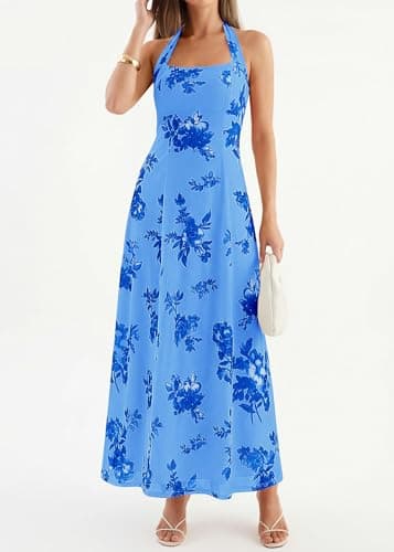 KIRUNDO Women's Summer Sleeveless Halter Floral Maxi Dress 2026 Beach Wedding Guest Cocktail Mesh Flowy A Line Long Sundress(Blue, Large) - Thumbnail 5
