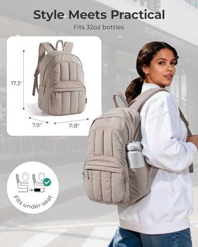 BAGSMAT Womens Backpack Travel Laptop Backpack for Women, Quilted College Laptop Bookbag, Work Back Pack for Women, Cute Computer Water-Resistant Casual Daypack, Puffer Pink - Thumbnail 3