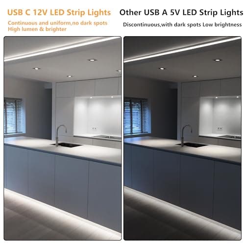 16.4ft 12V LED Strip Lights Cool White, USB C LED Light Strip Powered by Type-C, Flexible Cuttable LED Tape Light, USB Powered LED Lights for Bedroom, Cabinet, Mirror, 1ft USB-C Cable Included - Thumbnail 4