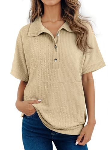 Dokotoo Spring Summer Tops for Women 2025 Button Down Short Sleeve Shirts for Women Lapel V Neck Oversized Shirts Ladies Tops and Blouses Solid Tunic Tops for Women Loose Fit Dressy Apricot Shirts M - Image 1