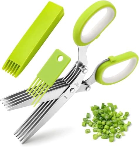 Herb Scissors, X-Chef Multipurpose 5 Blade Kitchen Herb Shears Herb Cutter with Safety Cover and Cleaning Comb for Chopping Basil Chive Parsley (Green) - Image 1