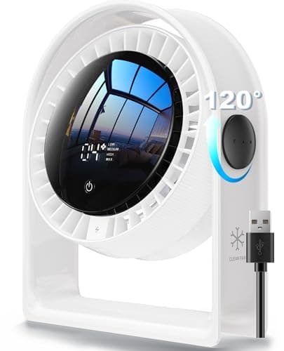 RANVOO 2026 New Desk Fan, Quiet Air Circulator Mini Fan for Bedroom, 4 Speeds Strong Airflow Portable Fan, Smart Display USB Fans,120°Tilt, Small Desktop Table Fans For Office Room, Ivory White - Image 1