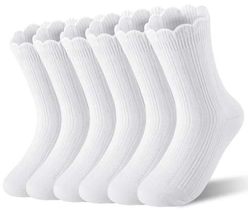 HONGTEYA Girls Socks Toddler Kids Ruffle Socks, School Uniform Dress Cotton Crew Socks for Girls 2-10 Years 6 Pairs (US, Age, 6 Years, 8 Years, white)