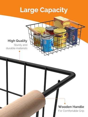 Wire Basket with Wooden Handle, Metal Utility Storage Basket for Organizing Kitchen Pantry Cabinets, Closet and Garage Shelves Drawers, Office Metal Basket Storage Organizer with Handle (Black 4 Pack) - Thumbnail 4