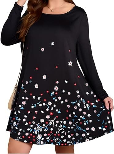 BLANCHES Plus Size Floral Dress for Women Long Sleeves Crew Neck Casual Dresses Empire Waist Swing Cute Tiered Loose A-Line Flowy Dress with Pockets - Image 1