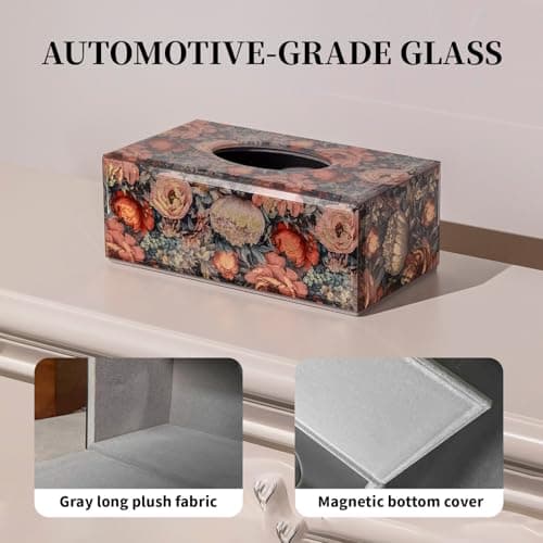 Timetrace Glass Tissue Box Cover Rectangle-Floral Pattern Luxury Tissue Holder with Magnetic Closure for Home Decor, Living Room, Bedroom, Kitchen, Office - Thumbnail 4