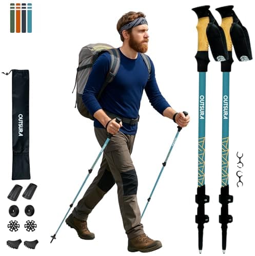 Outsura Aluminium Trekking Poles for Hiking w/Cork Grip & Quick Lock - Lightweight Collapsible Hiking Sticks for Backpacking - Folding Walking Sticks for Seniors Men & Women - One Pair (Blue)