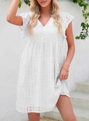 Dokotoo White Dresses for Women 2026 Casual Spring Outifits Eyelet V Neck Beach Vacation Clothes Cotton Mini Dress Ruffle Sleeve A Line Cut Out Lace Dress Fashion Elegant Sun Dress X-Large - Thumbnail 5