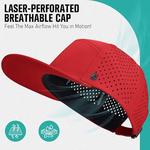 AOPREL Flat Brim Baseball Cap for Men Adjustable Trucker Hats Water-Resistant Performance Hat with Breathable Laser Perforated for Running, Golf, Workout, Gym & Outdoor Red - Thumbnail 2
