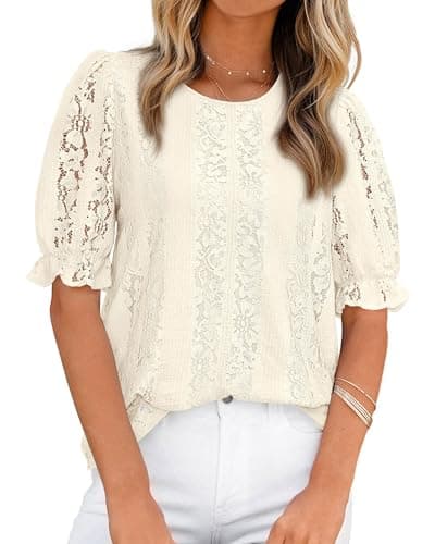 KIRUNDO Lace Tops for Women 2026 Dressy Floral Summer Shirts Puff Short Sleeve Spring Blouse Casual Cruise Vacation Outfits(Beige, Small) - Image 1