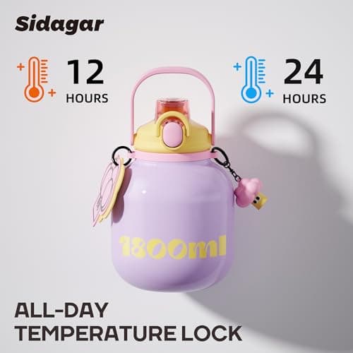 Sidagar 60 oz Big Gallon Water Bottle with Straw and Carry Handle, Purple Wide Mouth Vacuum Water Jug, Insulated Stainless Steel Bottles Easy Carry Tumbler for Women - Thumbnail 5