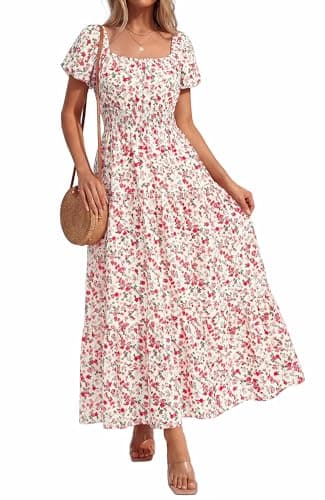 BTFBM Summer Dress for Women 2026 Spring Floral Short Sleeve Casual Flowy A-Line Smocked Tiered Maxi Dresses Pockets(Floral Apricot Red, Small) - Image 1