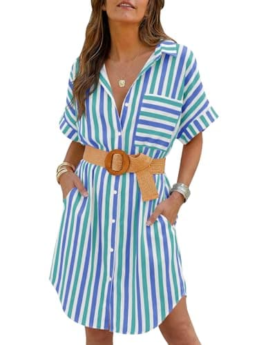 Wenrine Women's Oversized Striped Shirt Dress Casual Button Up Short Sleeve Belted Summer Midi Long Boho Dress with Pockets Blue