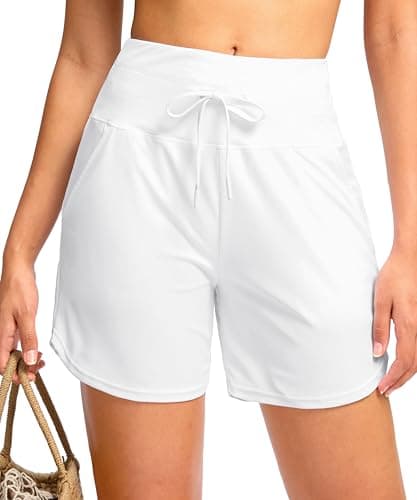 Viodia Women's 5" High Waisted Swim Board Shorts Quick Dry Beach Shorts with Pockets UPF 50+ Swimsuit Bottoms with Liner White XL - Image 1